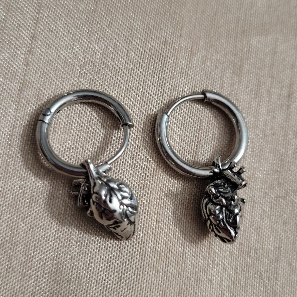 Anatomical heart charm mini hoop silver tone earrings